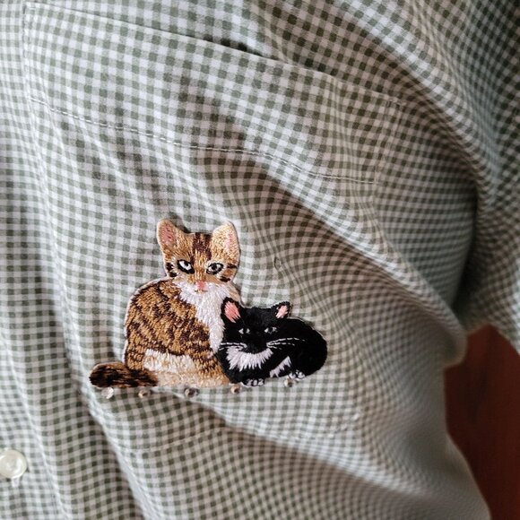 Las Olas Green Checkered Long Sleeve Cat Embroidered Shirt XL - Picture 9 of 10
